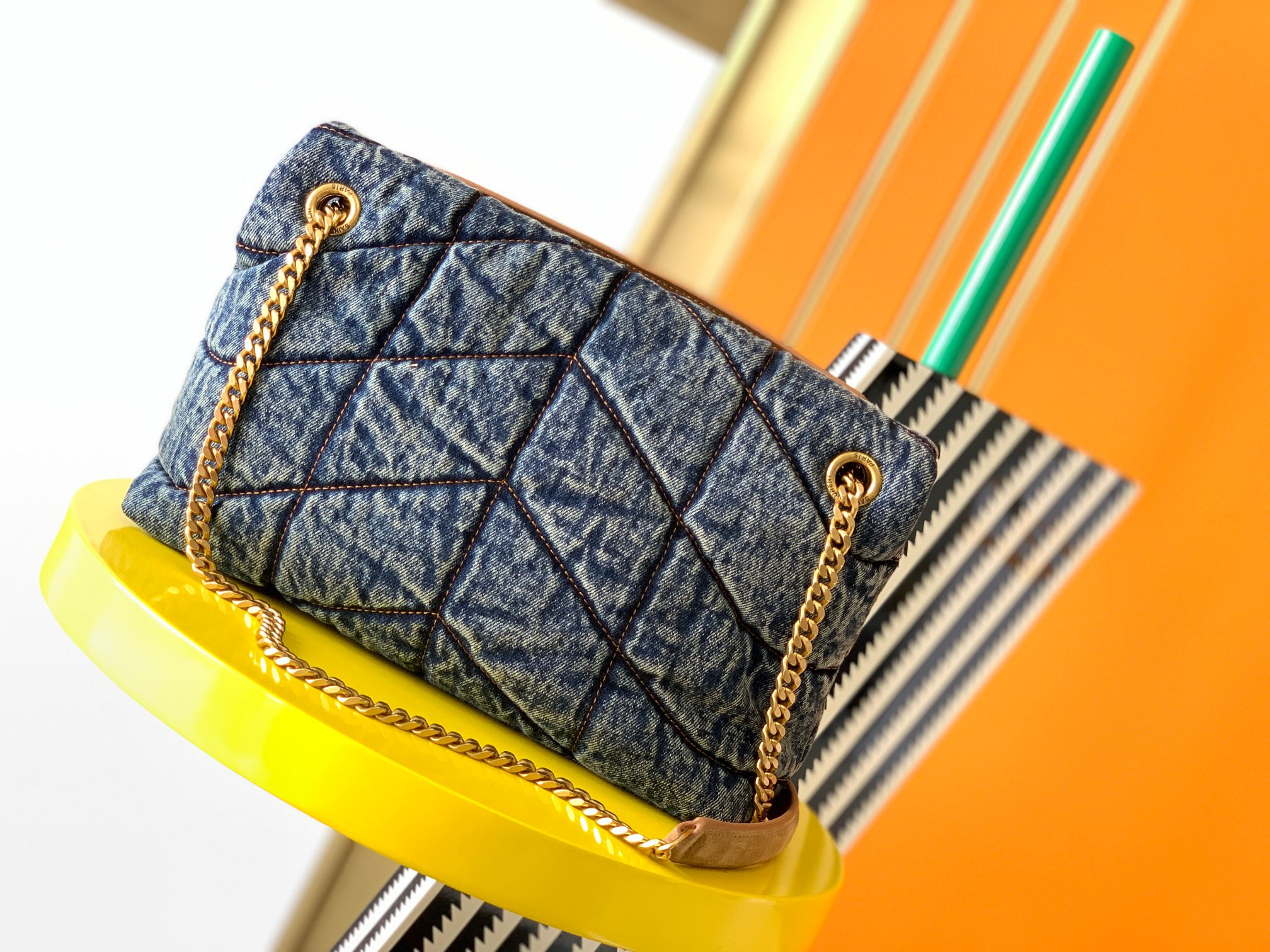 YSL PUFFER SMALL IN SUEDE AND DENIM RODEO BLUE 11.4 X 6.6 X 4.3 INCHES