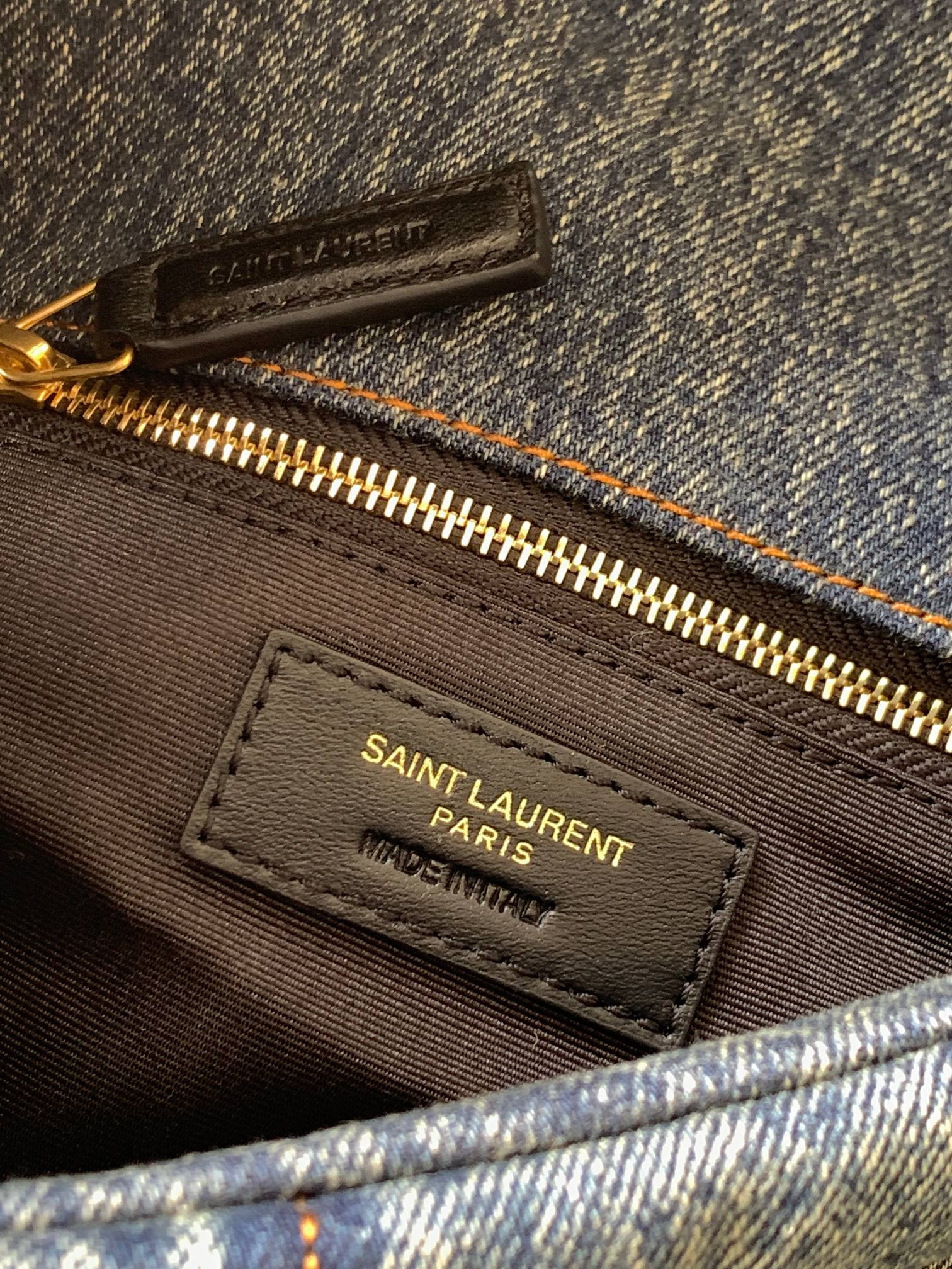 YSL PUFFER SMALL IN SUEDE AND DENIM RODEO BLUE 11.4 X 6.6 X 4.3 INCHES