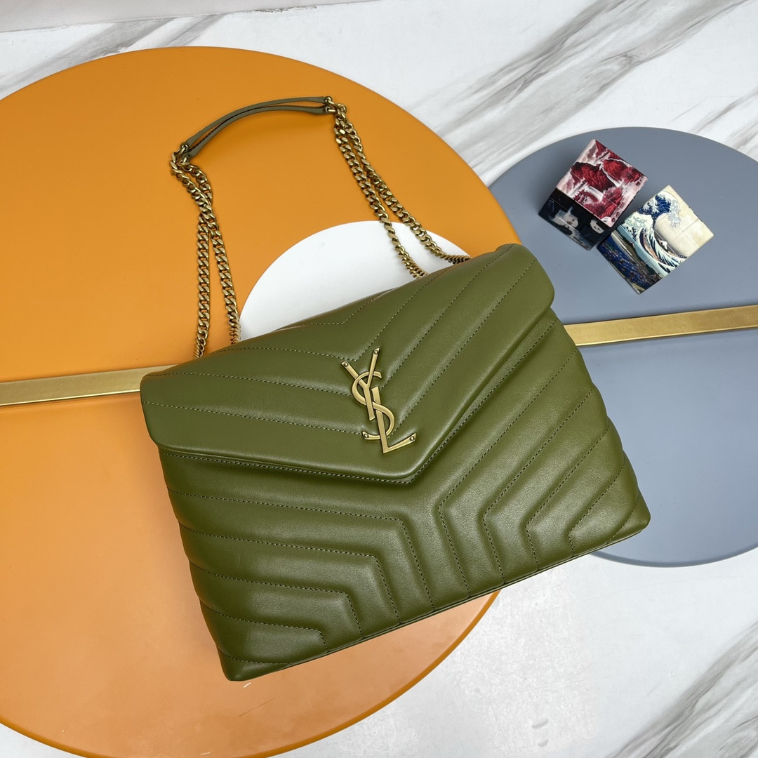 YSL LOULOU MEDIUM IN QUILTED LEATHER DARK GREEN 12.5 X 8.6 X 3.5 INCHES
