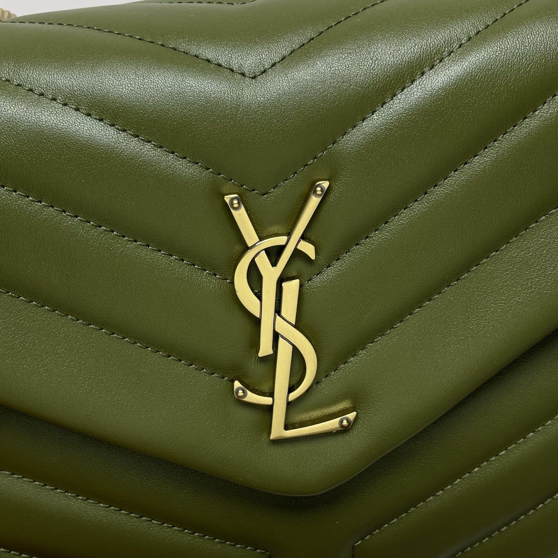 YSL LOULOU MEDIUM IN QUILTED LEATHER DARK GREEN 12.5 X 8.6 X 3.5 INCHES