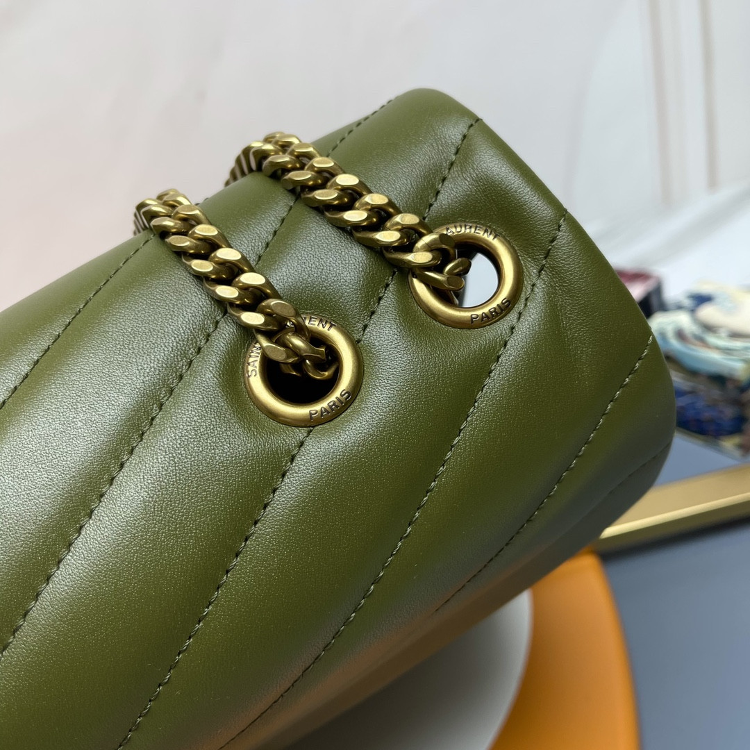 YSL LOULOU MEDIUM IN QUILTED LEATHER DARK GREEN 12.5 X 8.6 X 3.5 INCHES