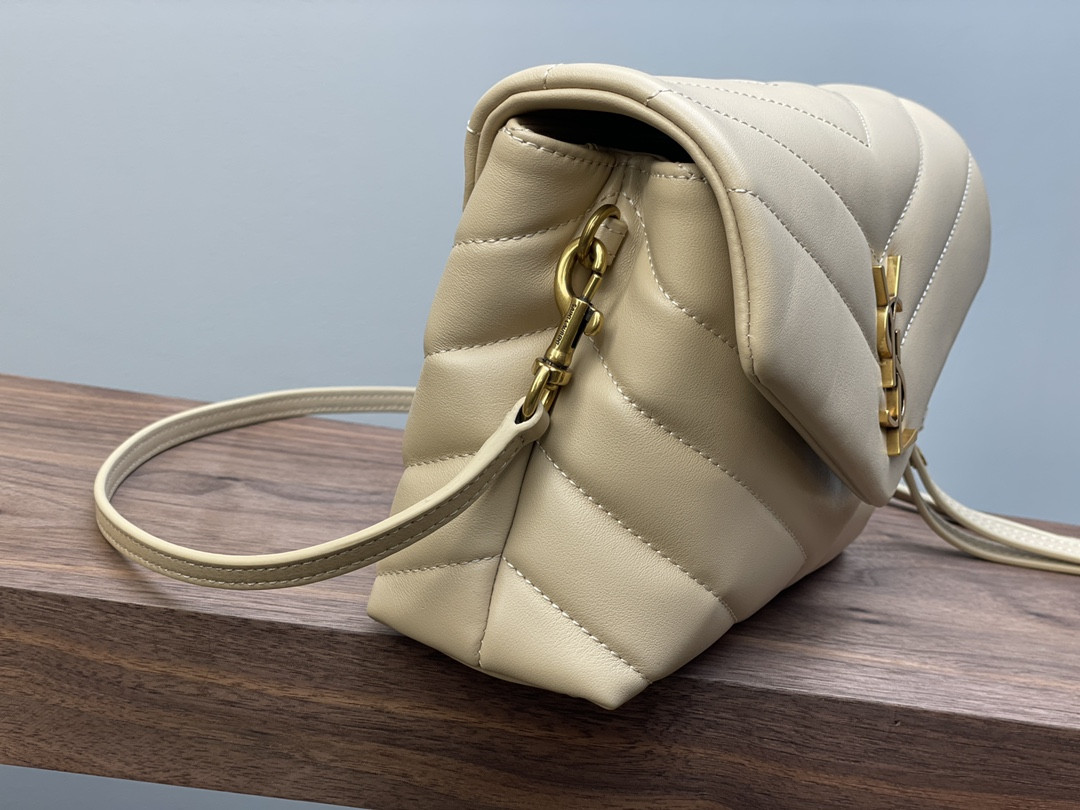 YSL TOY LOULOU IN QUILTED LEATHER DARK BEIGE 7.9 X 5.5 X 3 INCHES