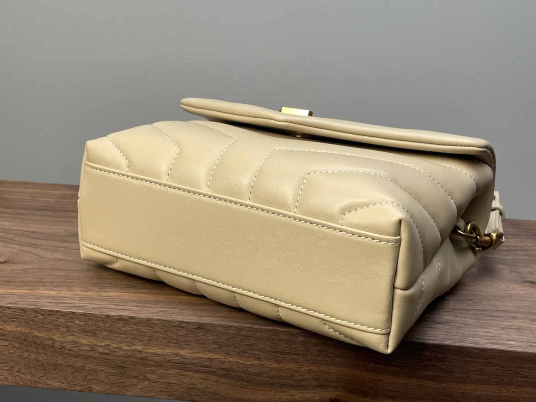 YSL TOY LOULOU IN QUILTED LEATHER DARK BEIGE 7.9 X 5.5 X 3 INCHES