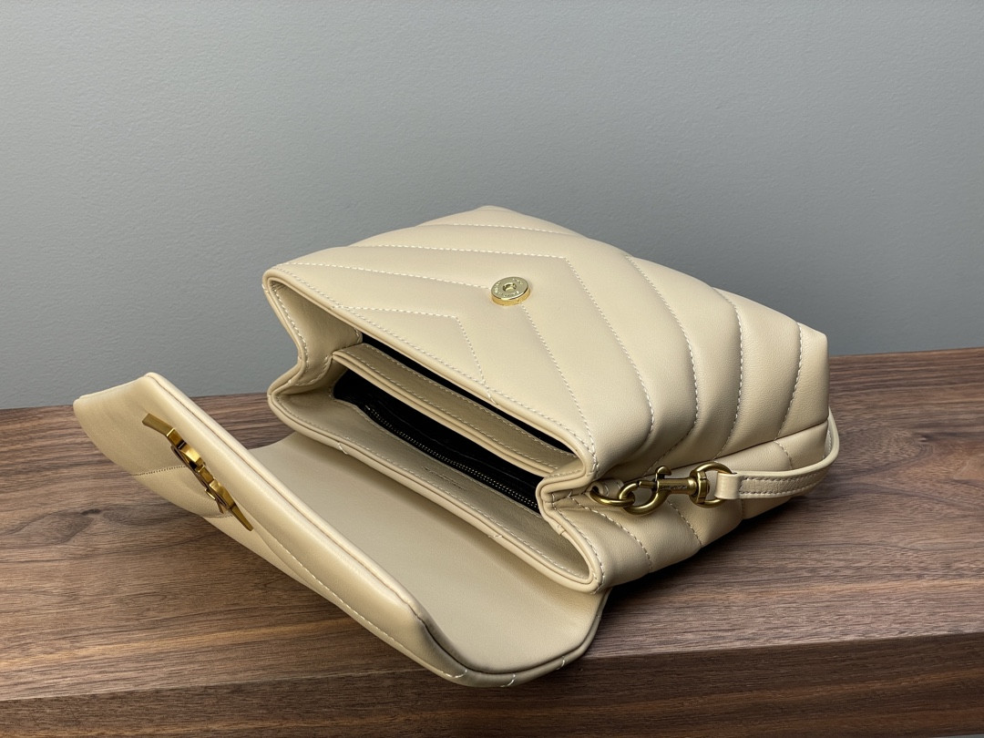 YSL TOY LOULOU IN QUILTED LEATHER DARK BEIGE 7.9 X 5.5 X 3 INCHES