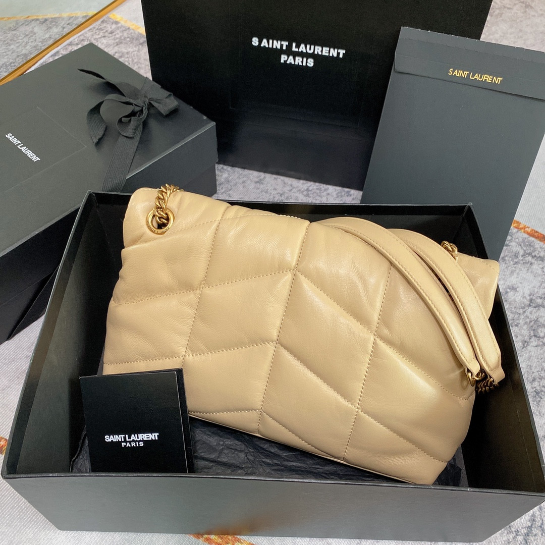 YSL PUFFER SMALL IN NAPPA LEATHER BEIGE 11.4 X 6.6 X 4.3 INCHES
