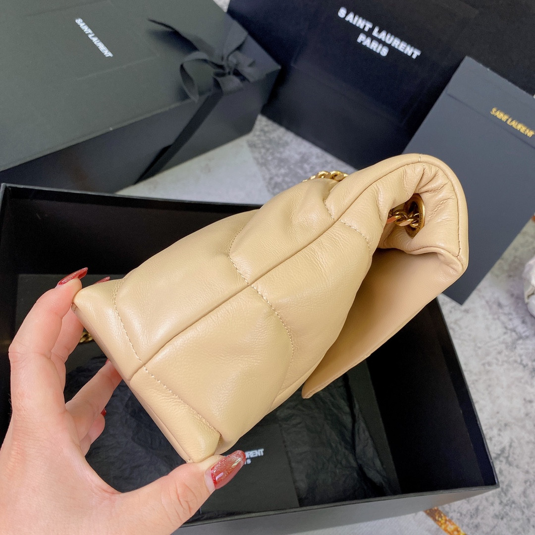 YSL PUFFER SMALL IN NAPPA LEATHER BEIGE 11.4 X 6.6 X 4.3 INCHES