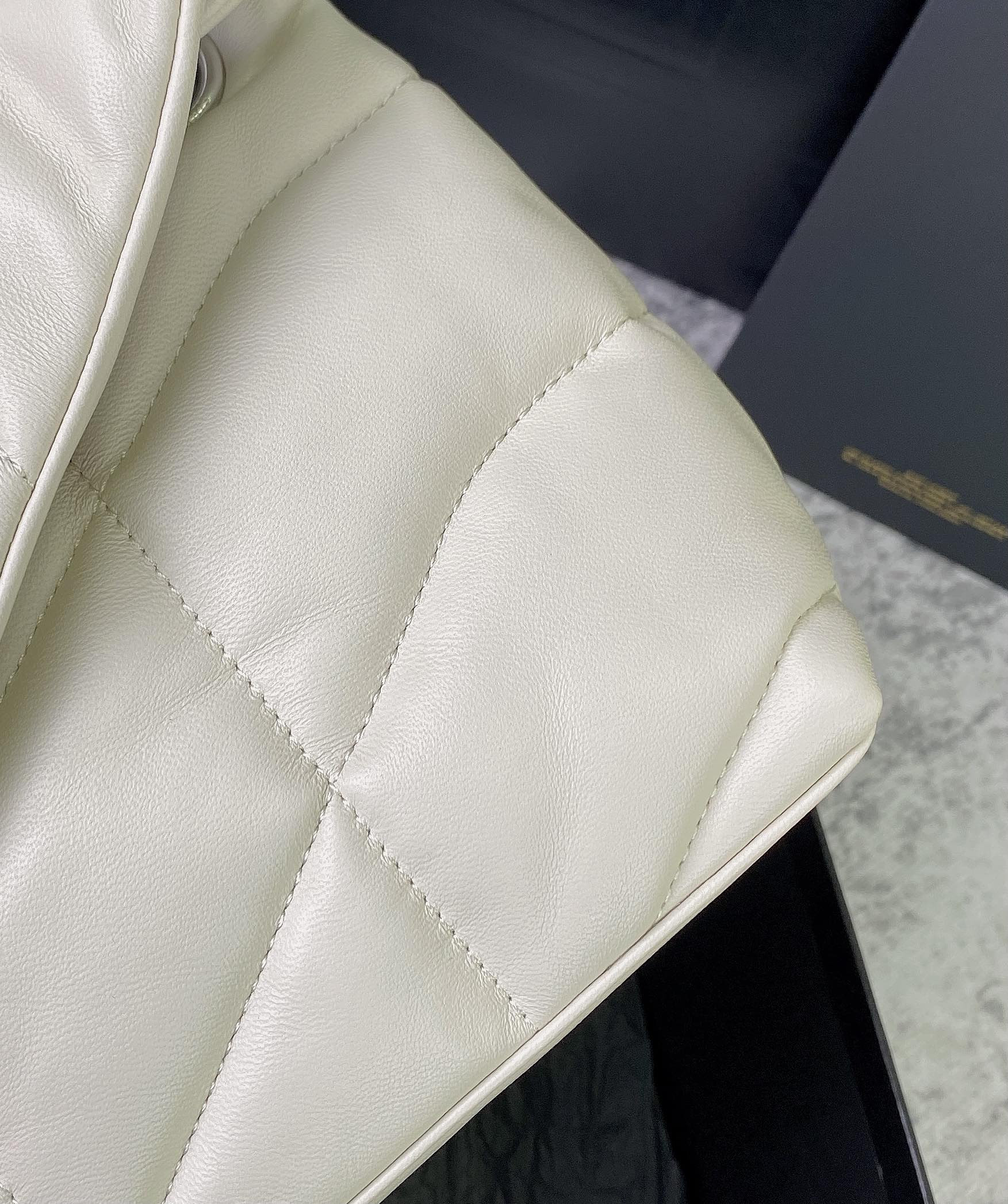 YSL PUFFER SMALL IN NAPPA LEATHER WHITE SILVER 11.4 X 6.6 X 4.3 INCHES