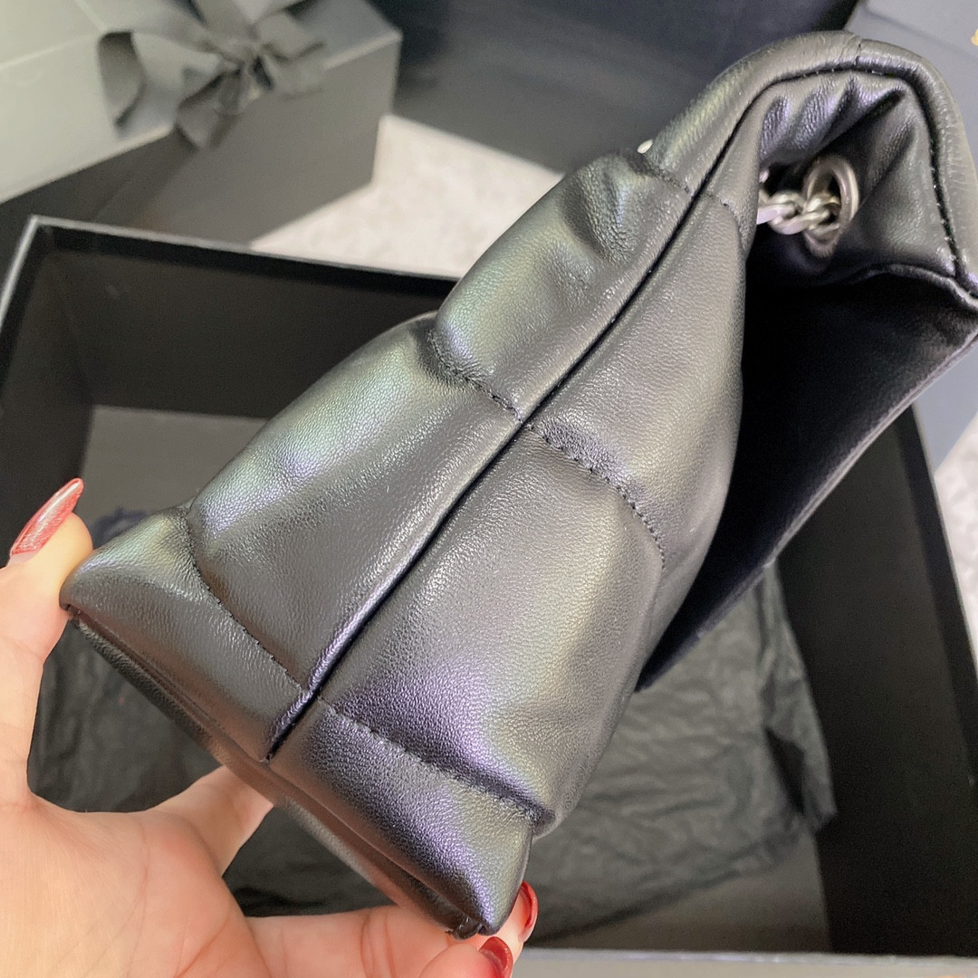 YSL PUFFER SMALL IN NAPPA LEATHER BLACK SILVER 11.4 X 6.6 X 4.3 INCHES