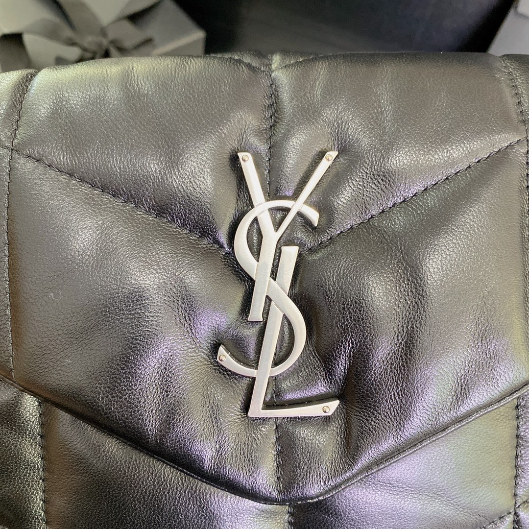 YSL PUFFER SMALL IN NAPPA LEATHER BLACK SILVER 11.4 X 6.6 X 4.3 INCHES