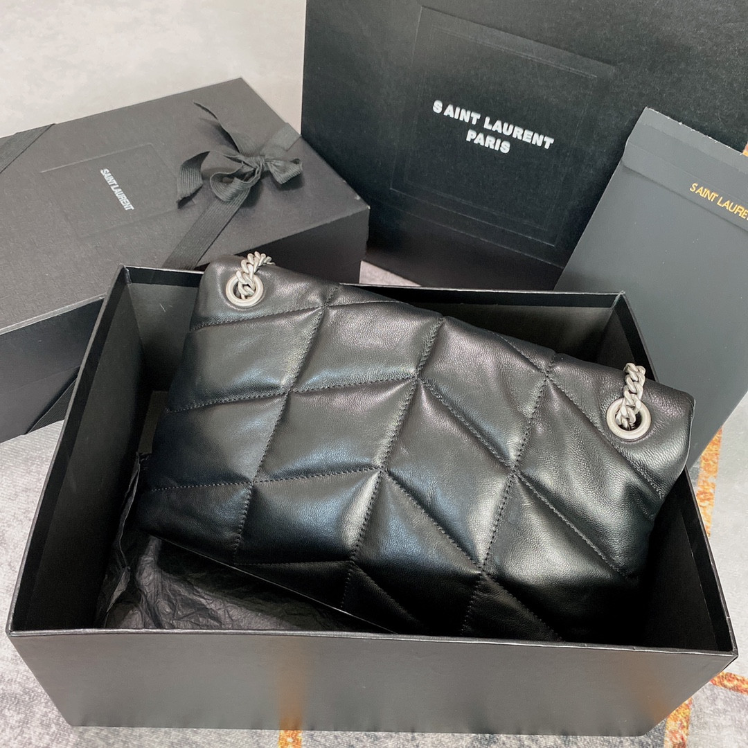 YSL PUFFER SMALL IN NAPPA LEATHER BLACK SILVER 11.4 X 6.6 X 4.3 INCHES