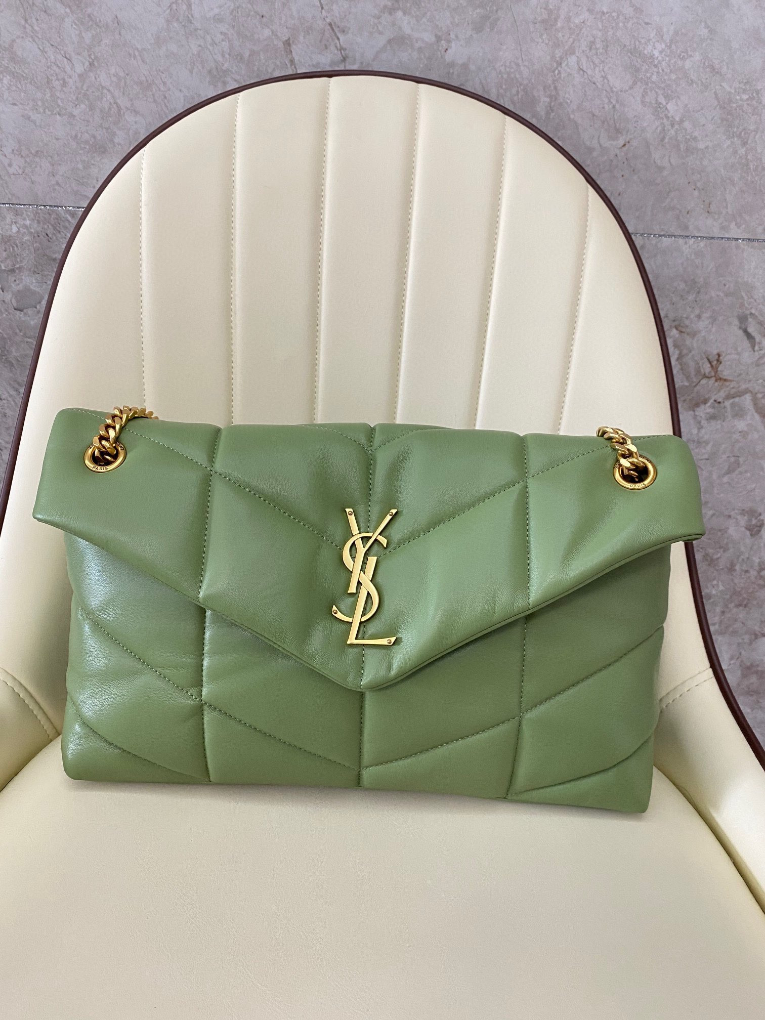 YSL PUFFER MEDIUM IN NAPPA LEATHER LIGHT GREEN 13.7 X 9 X 5.3 INCHES