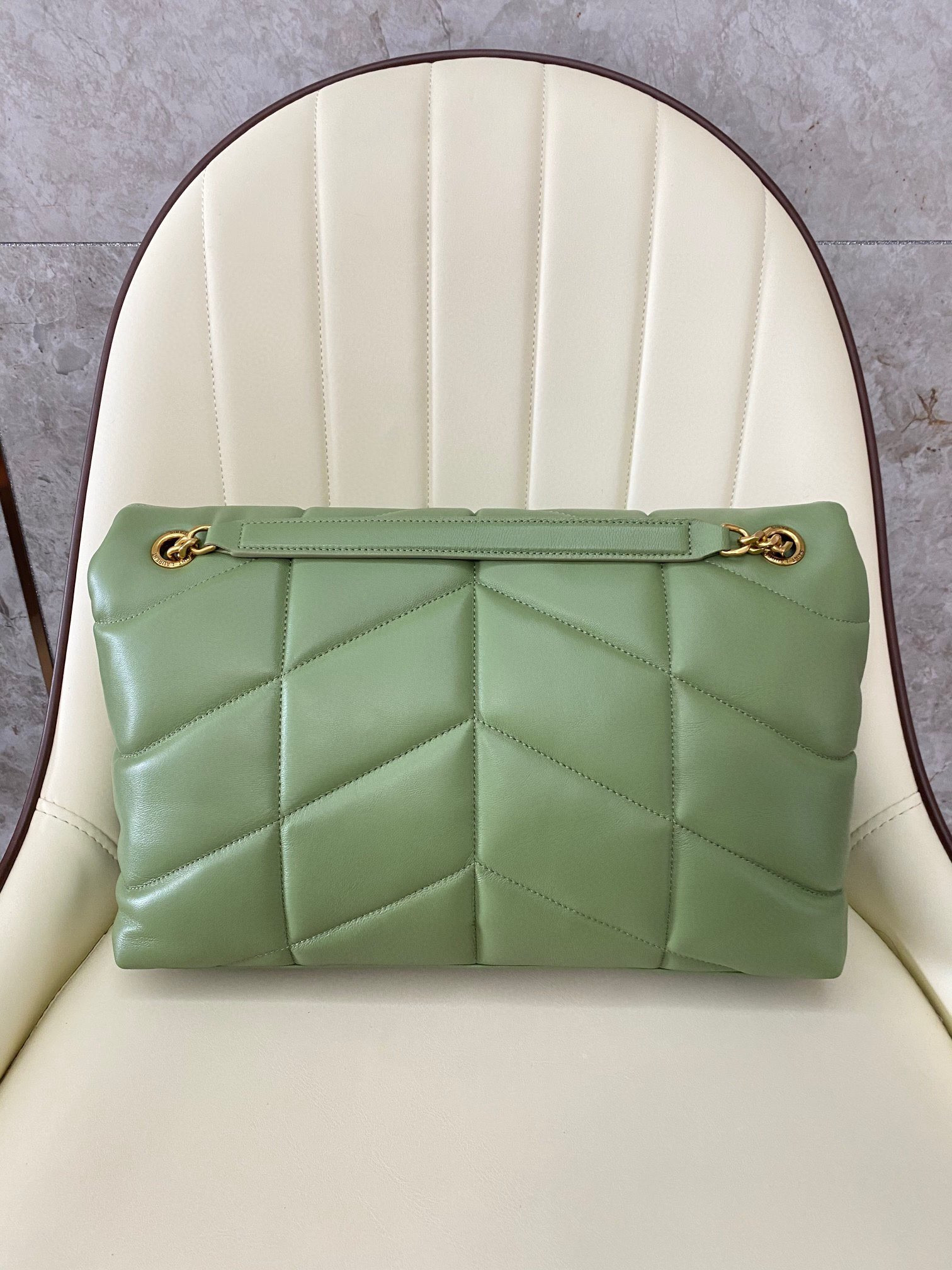 YSL PUFFER MEDIUM IN NAPPA LEATHER LIGHT GREEN 13.7 X 9 X 5.3 INCHES
