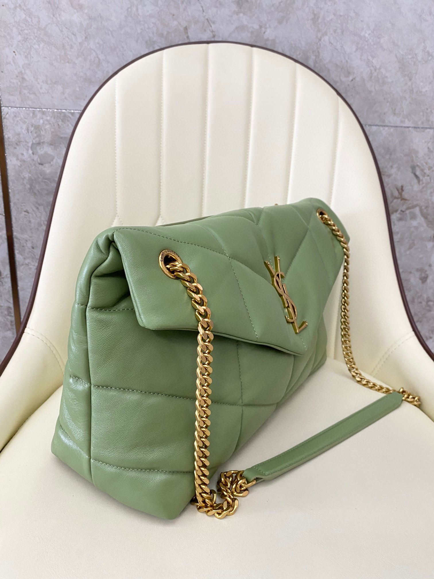 YSL PUFFER MEDIUM IN NAPPA LEATHER LIGHT GREEN 13.7 X 9 X 5.3 INCHES