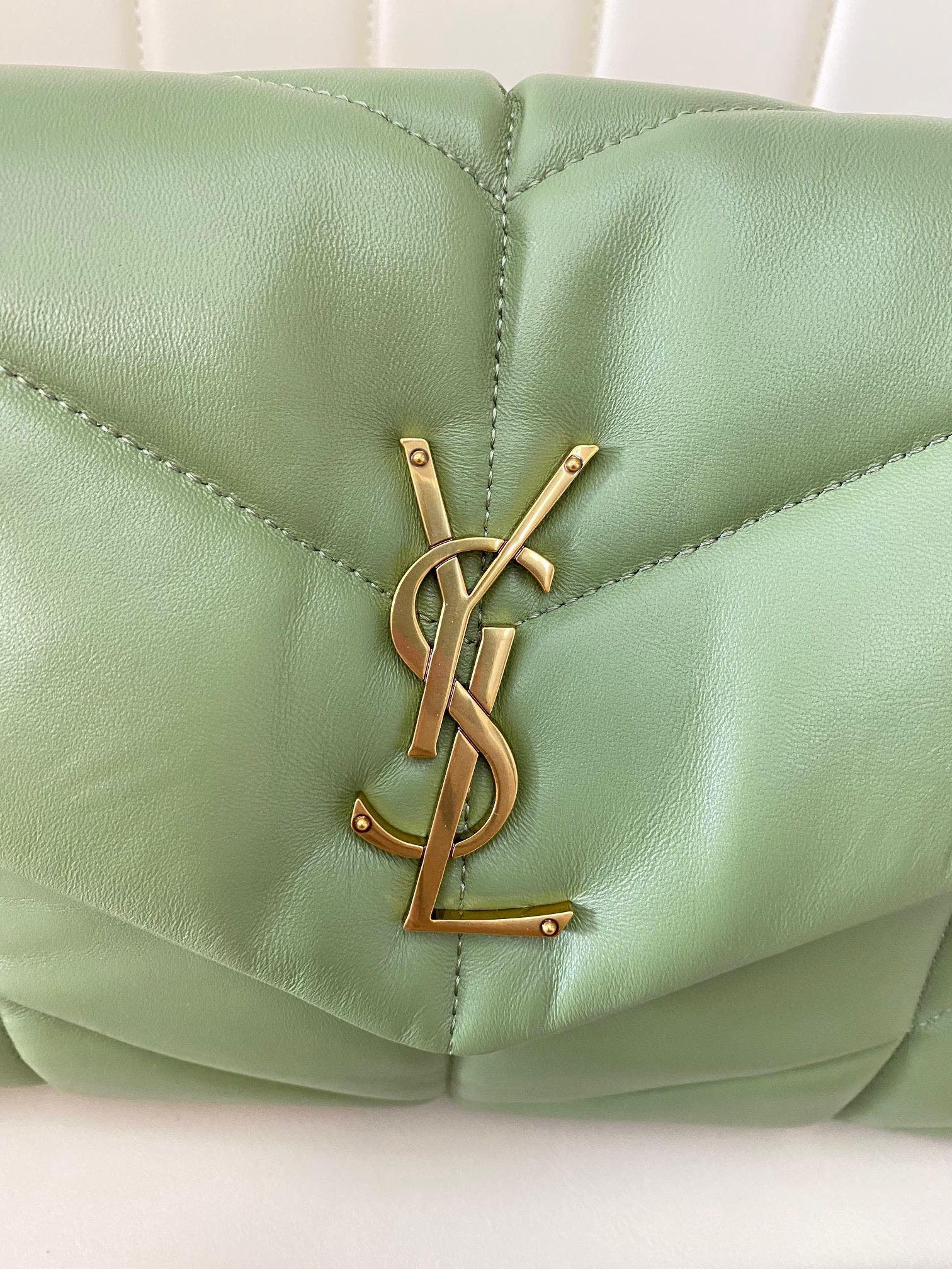 YSL PUFFER MEDIUM IN NAPPA LEATHER LIGHT GREEN 13.7 X 9 X 5.3 INCHES