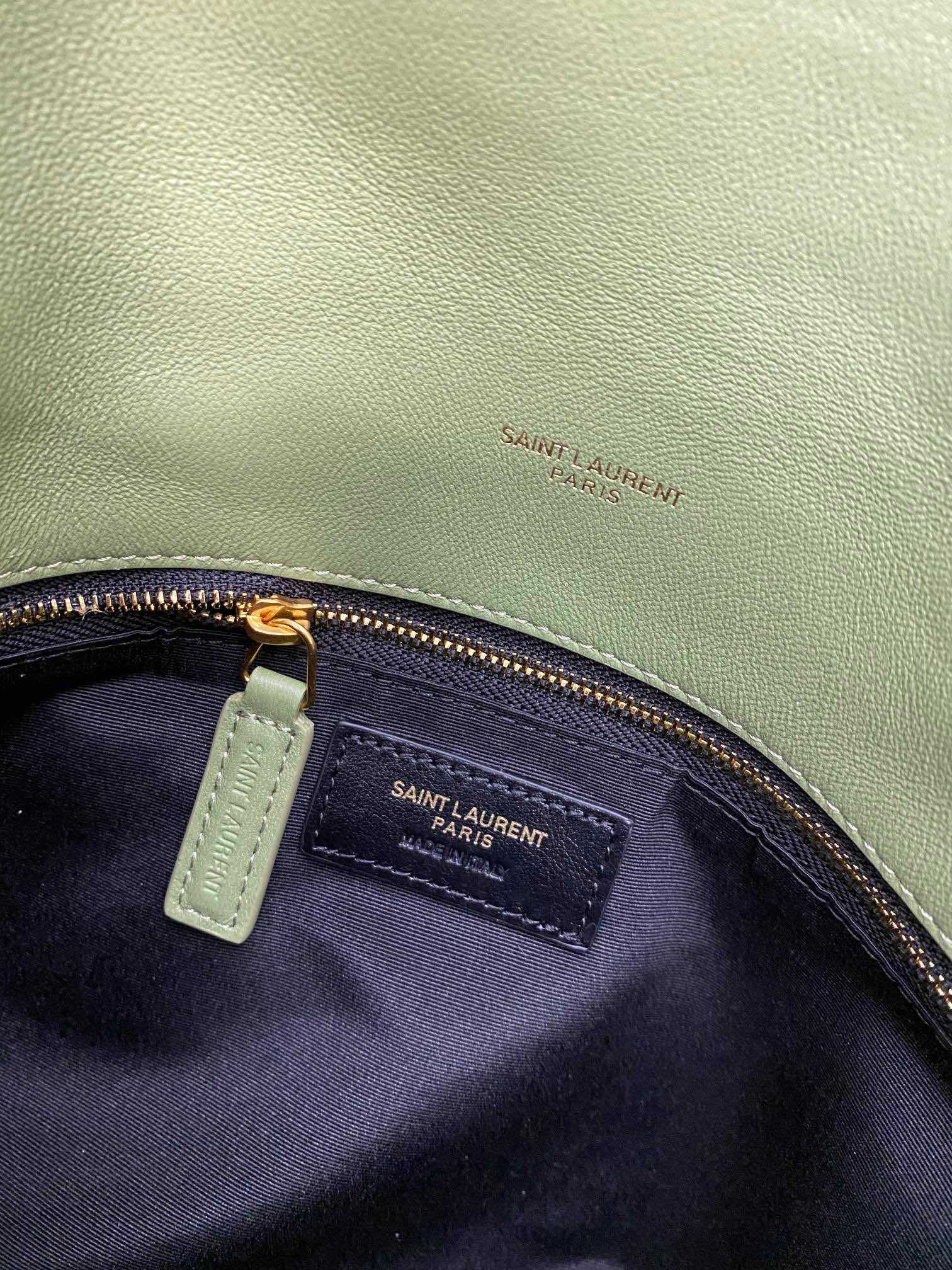 YSL PUFFER MEDIUM IN NAPPA LEATHER LIGHT GREEN 13.7 X 9 X 5.3 INCHES