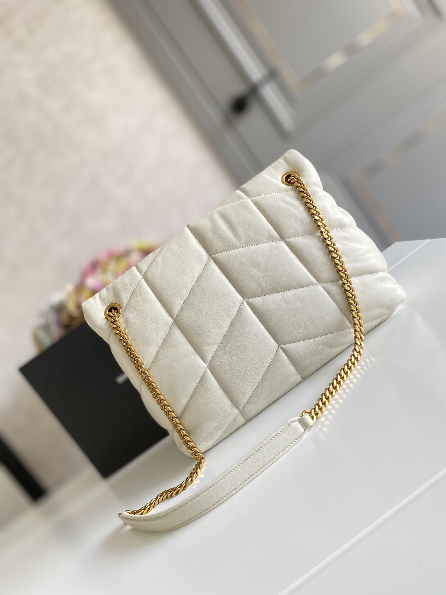 YSL PUFFER MEDIUM IN NAPPA LEATHER WHITE 13.7 X 9 X 5.3 INCHES