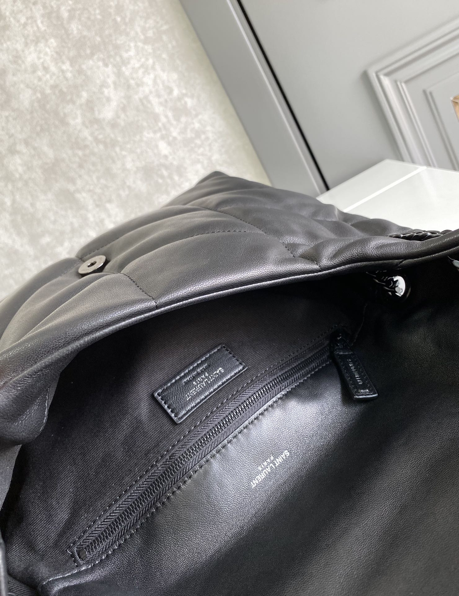 YSL PUFFER MEDIUM IN NAPPA LEATHER ALL BLACK 13.7 X 9 X 5.3 INCHES