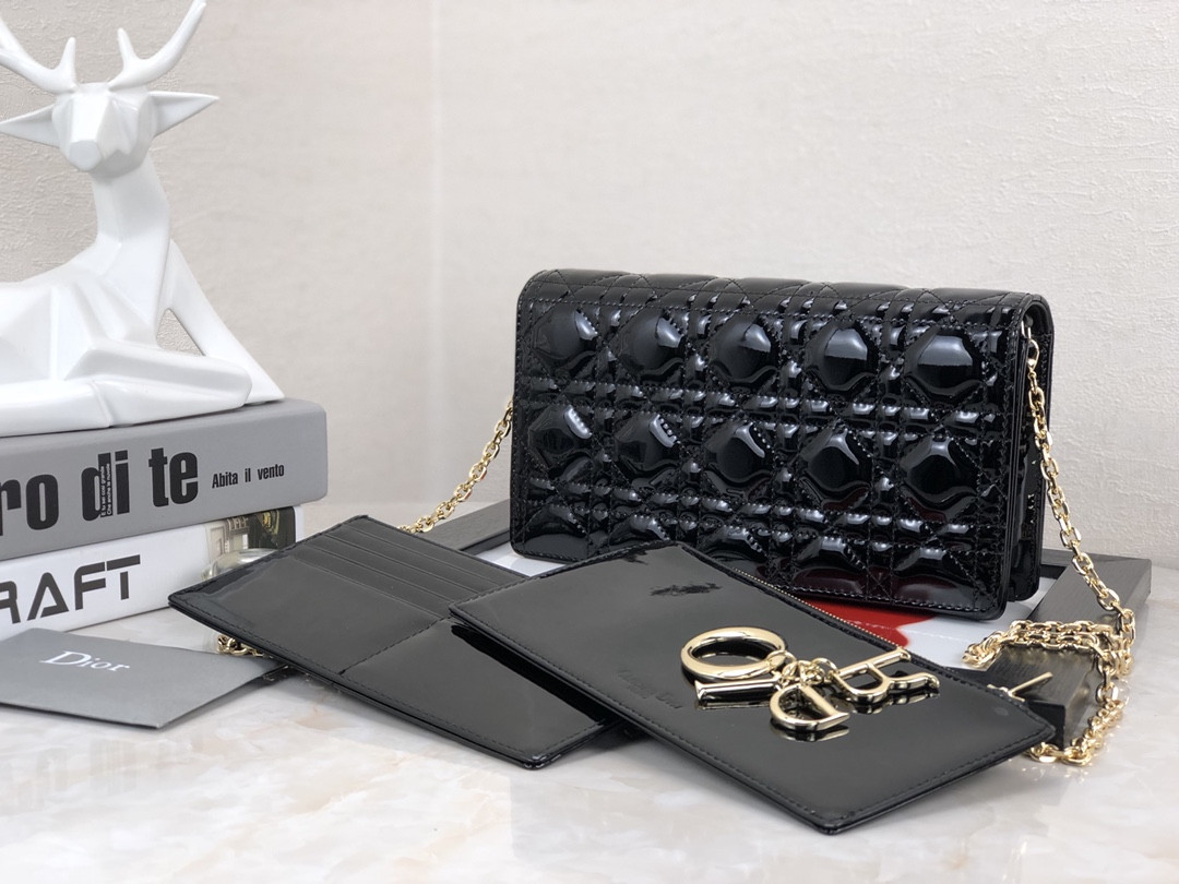 Lady Dior Pouch  Black Patent Cannage Calfskin 8.5 x 4.5 x 1 inches