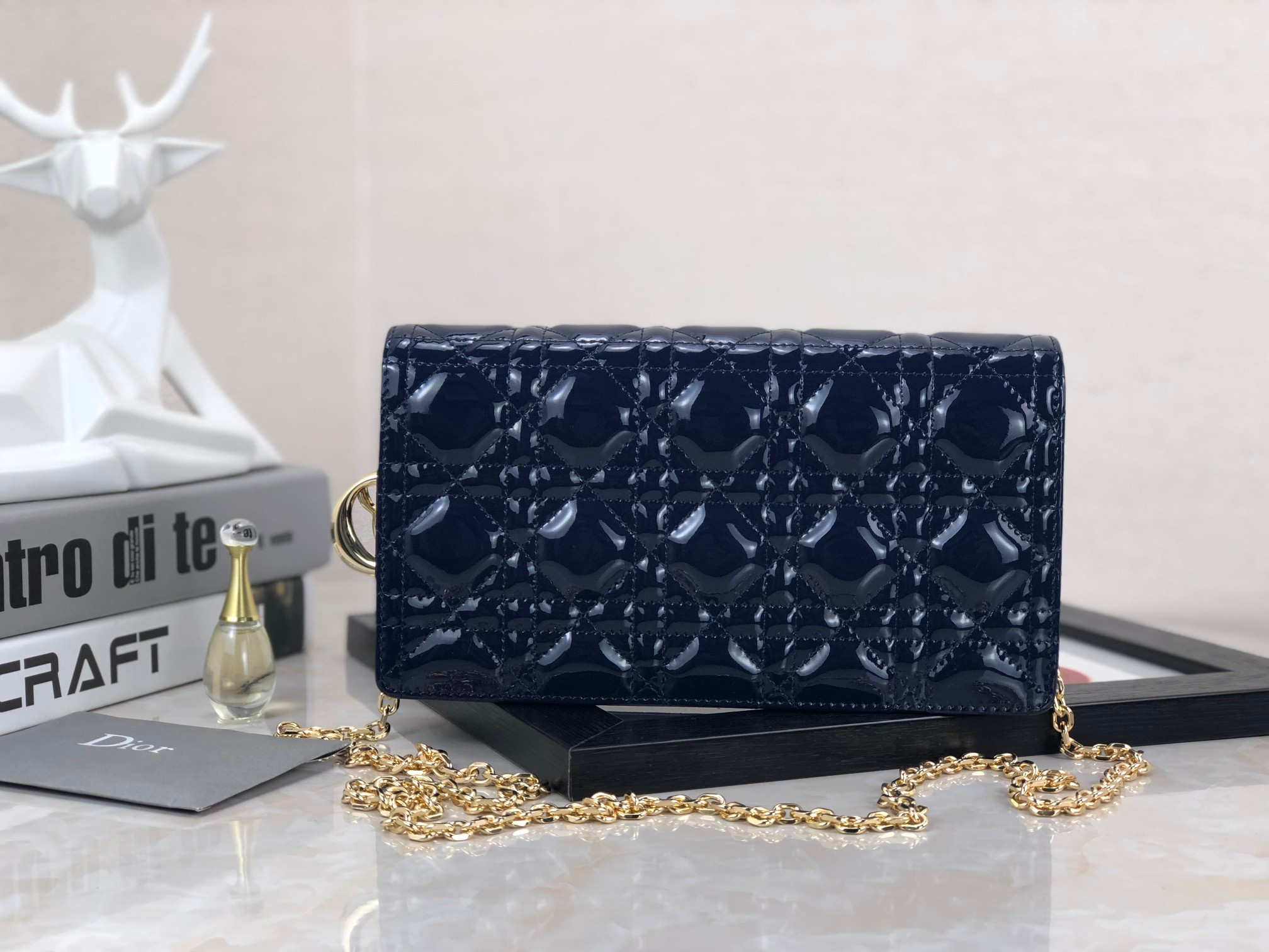 Lady Dior Pouch  Navy Patent Cannage Calfskin 8.5 x 4.5 x 1 inches