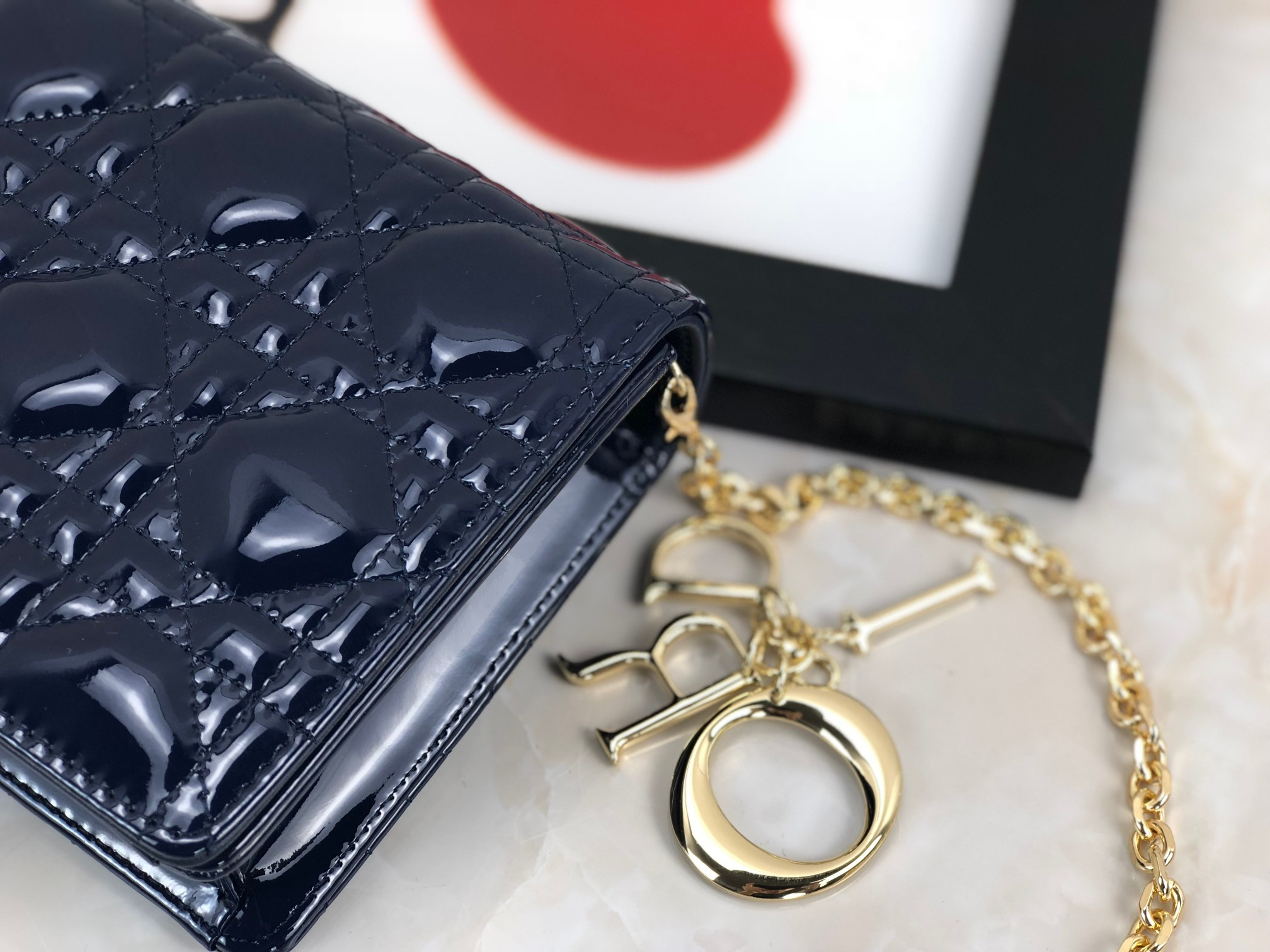 Lady Dior Pouch  Navy Patent Cannage Calfskin 8.5 x 4.5 x 1 inches