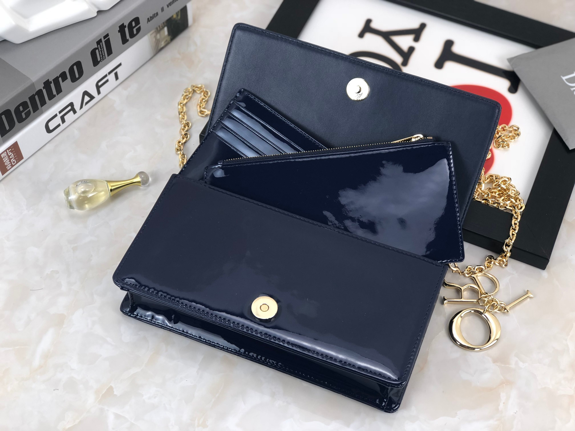 Lady Dior Pouch  Navy Patent Cannage Calfskin 8.5 x 4.5 x 1 inches