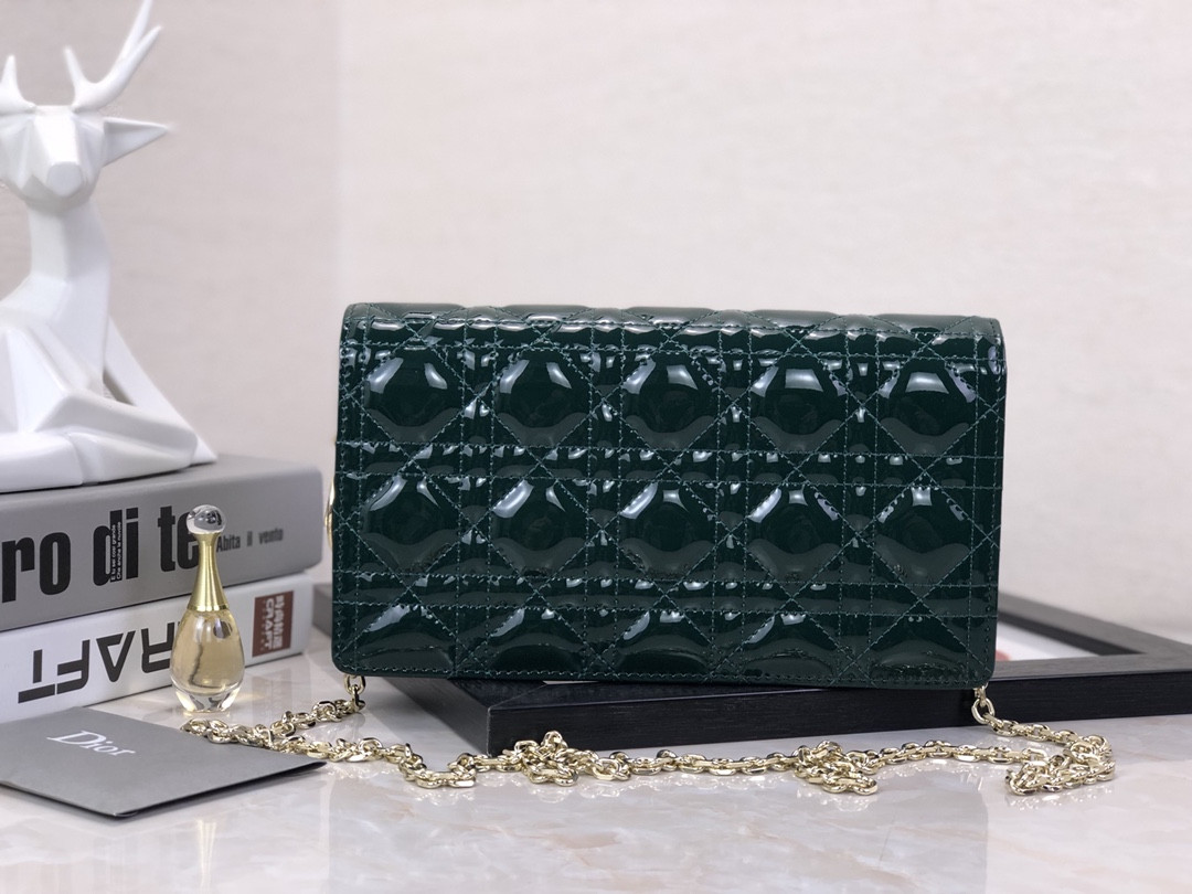 Lady Dior Pouch Dark Green Patent Cannage Calfskin 8.5 x 4.5 x 1 inches