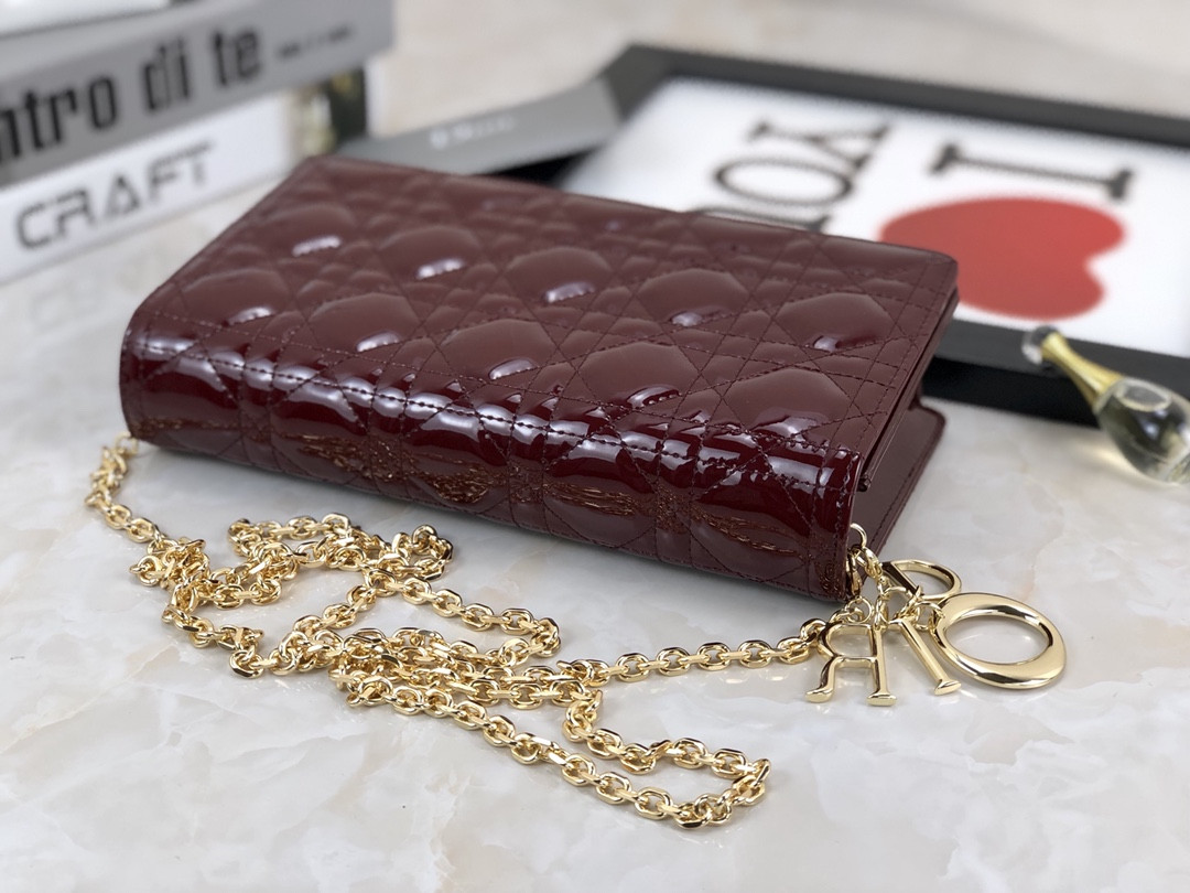 Lady Dior Pouch Red Patent Cannage Calfskin 8.5 x 4.5 x 1 inches