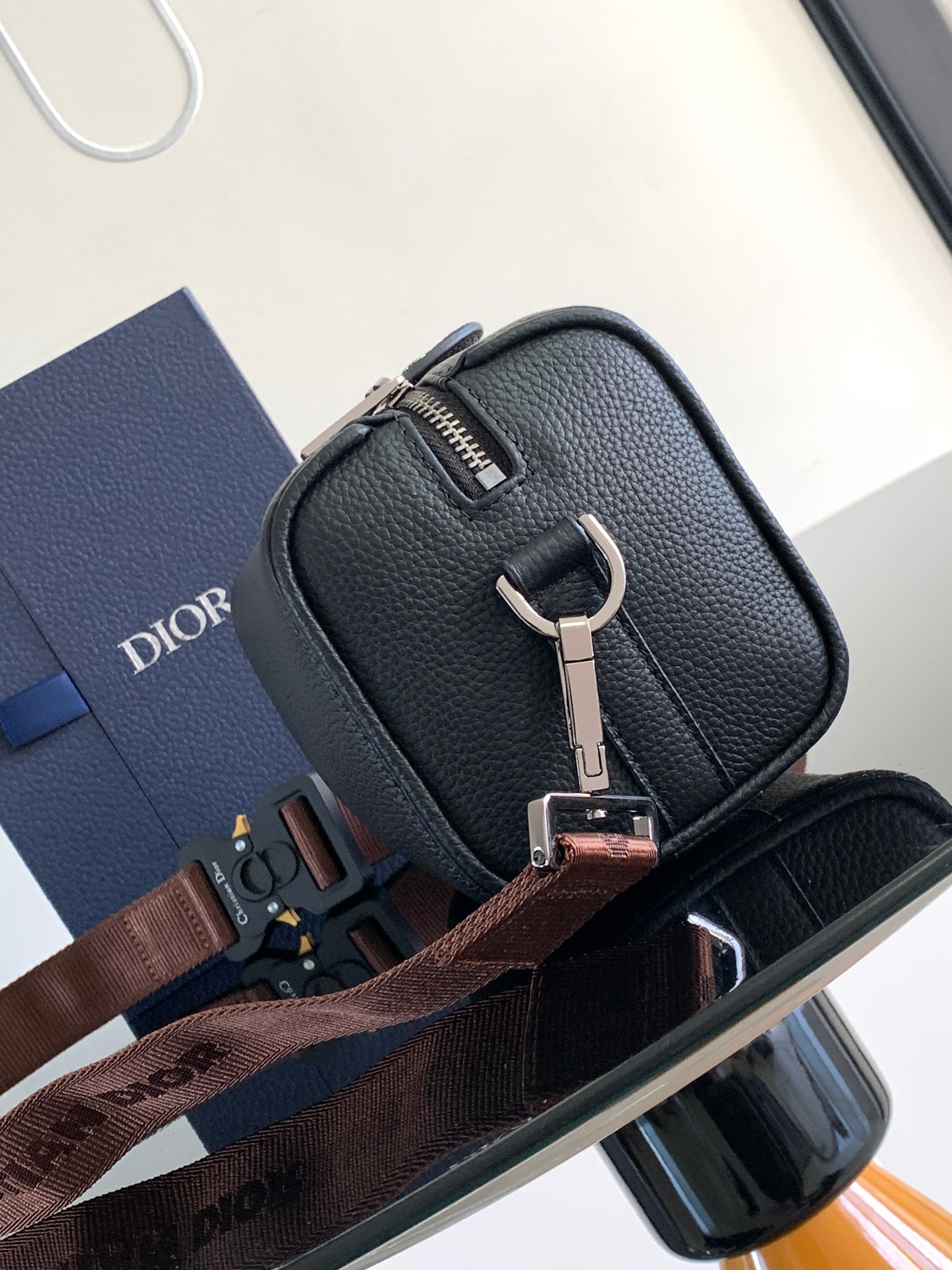 Dior Lingot Toiletry Bag GRAINED LEATHER BLACK Black Oblique Mirage Technical Fabric 8.5 x 5 x 4 inches