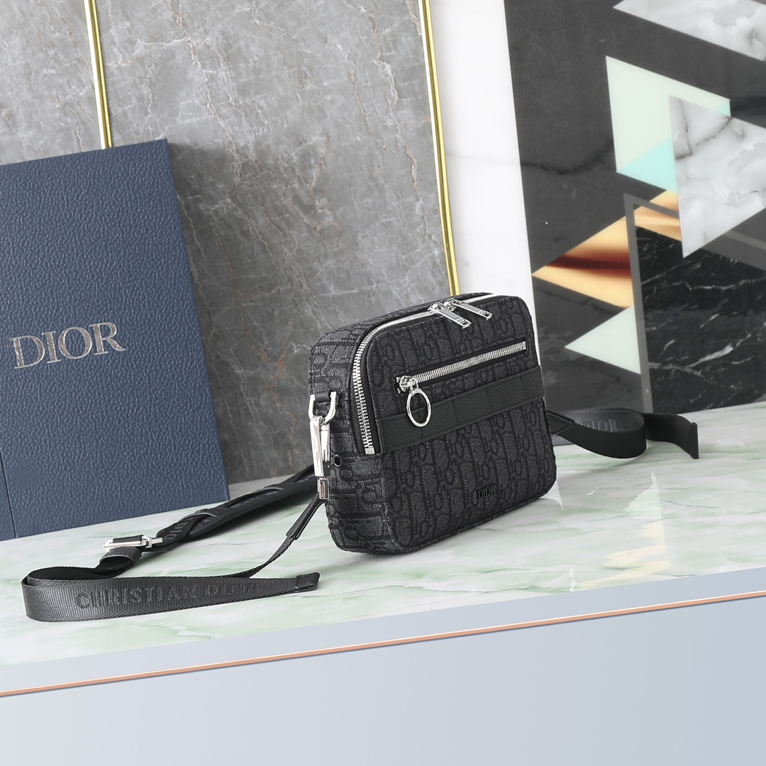 DIOR Safari Bag with Strap  Black Dior Oblique Jacquard  8.5 x 6 x 2.5 inches