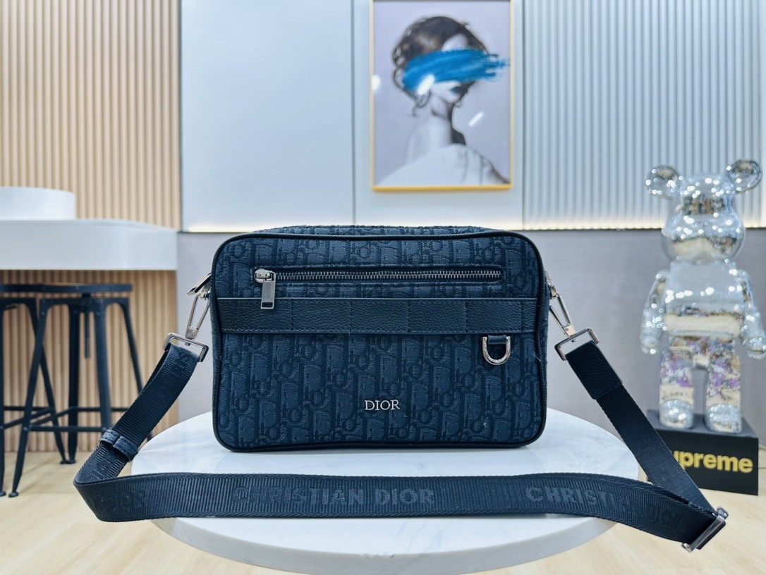 DIOR Maxi Safari Bag with Strap Blue Dior Oblique Jacquard 10 x 6.5 x 3 inches