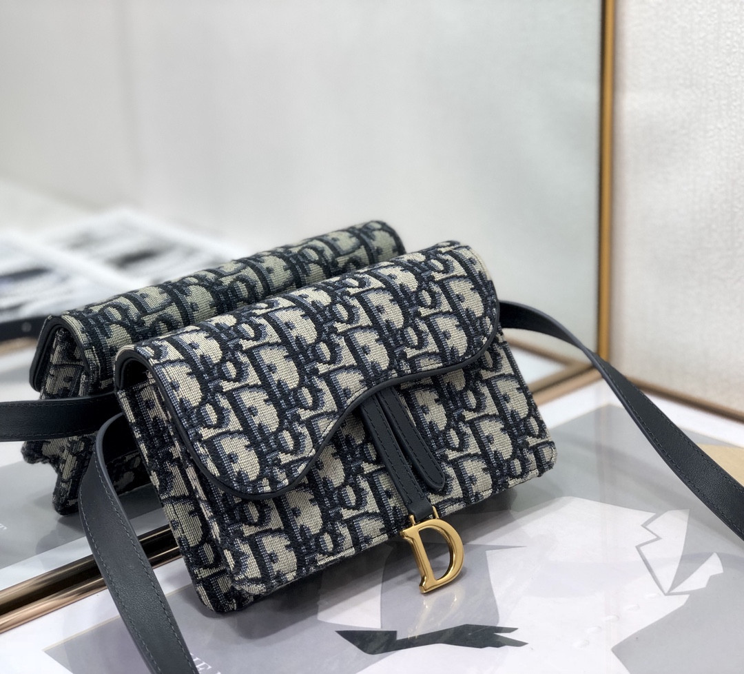 DIOR Saddle Pouch Blue Dior Oblique Jacquard  6.5 x 4 x 1.5 inches