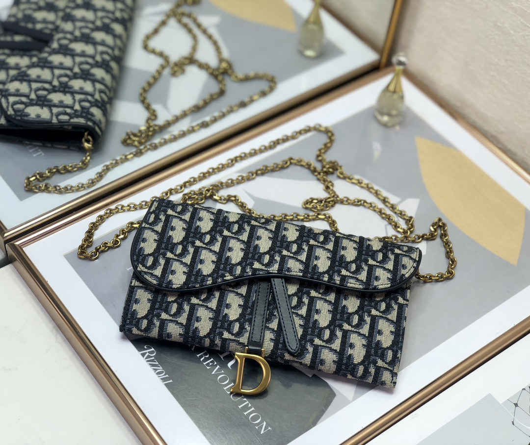 DIOR Saddle Pouch with Chain Blue Dior Oblique Jacquard 8.5 x 5 x 1.5 inches
