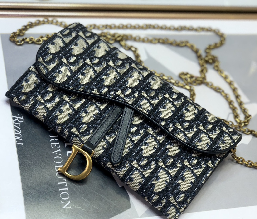 DIOR Saddle Pouch with Chain Blue Dior Oblique Jacquard 8.5 x 5 x 1.5 inches