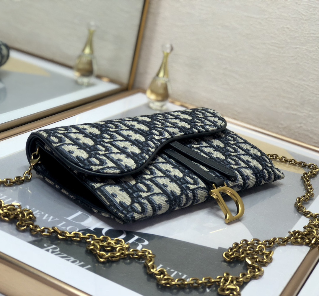 DIOR Saddle Pouch with Chain Blue Dior Oblique Jacquard 8.5 x 5 x 1.5 inches