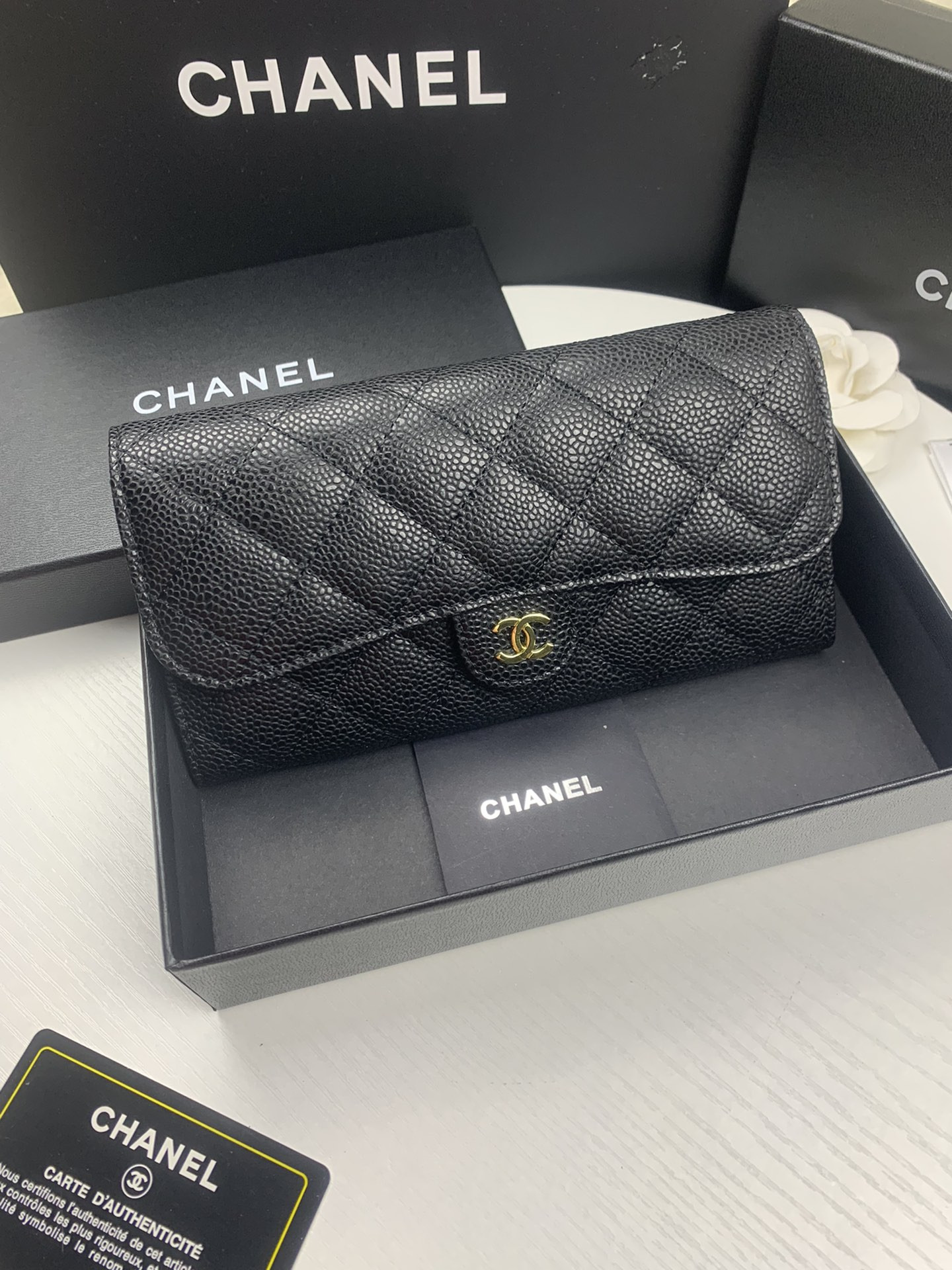 CHANEL FLAP WALLET GRAINED LEATHER BLACK GOLD 19.5 x10 cm