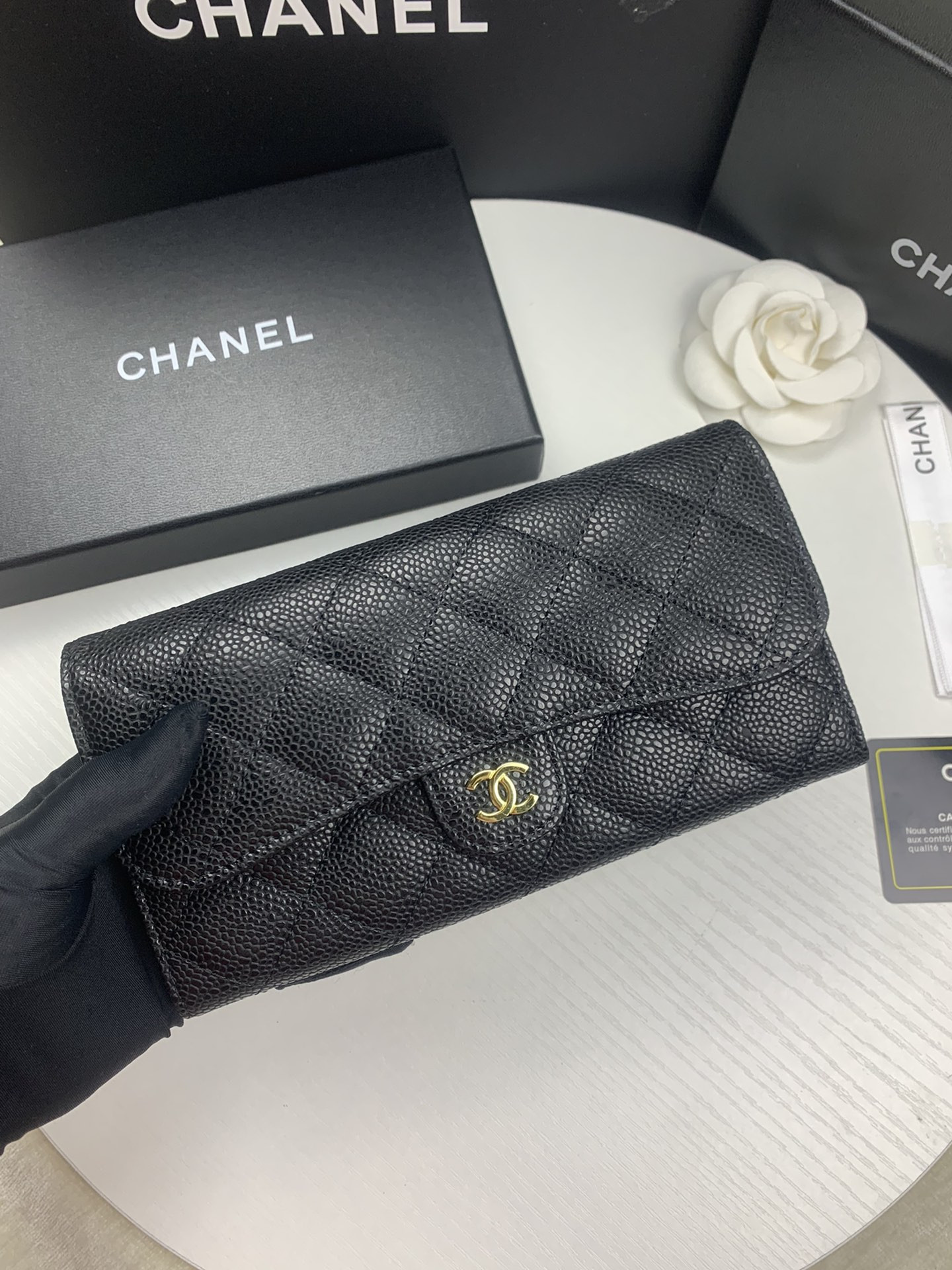 CHANEL FLAP WALLET GRAINED LEATHER BLACK GOLD 19.5 x10 cm