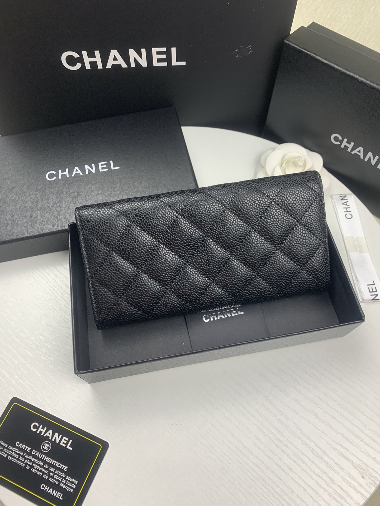 CHANEL FLAP WALLET GRAINED LEATHER BLACK 19.5 x10 cm