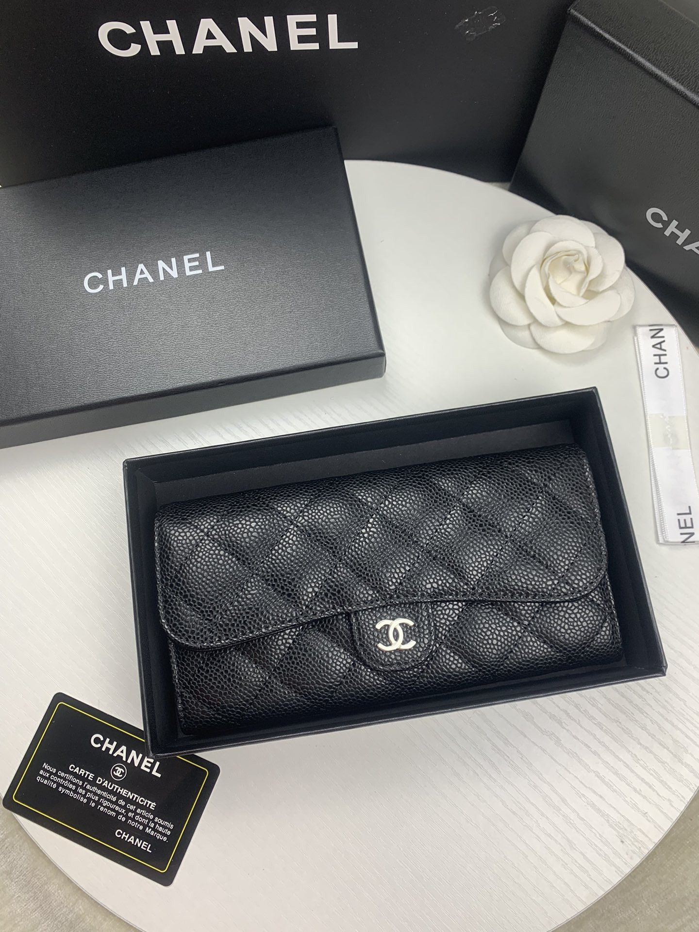 CHANEL FLAP WALLET GRAINED LEATHER BLACK 19.5 x10 cm