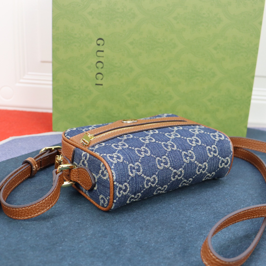 GUCCI OPHIDIA GG MINI TOP HANDLE BAG Denim Blue 6.8 W x 4.7 H x 2.1 D