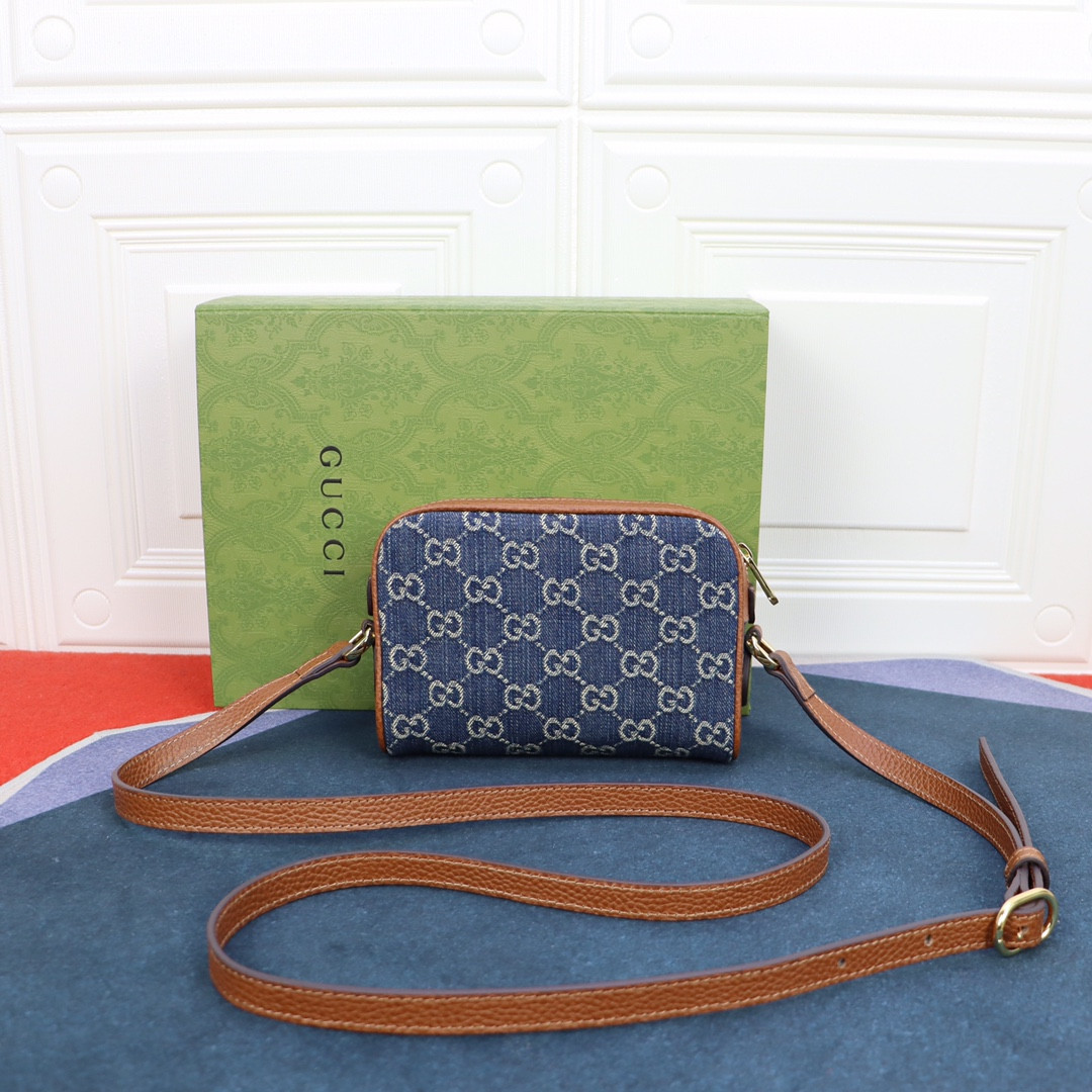 GUCCI OPHIDIA GG MINI TOP HANDLE BAG Denim Blue 6.8 W x 4.7 H x 2.1 D