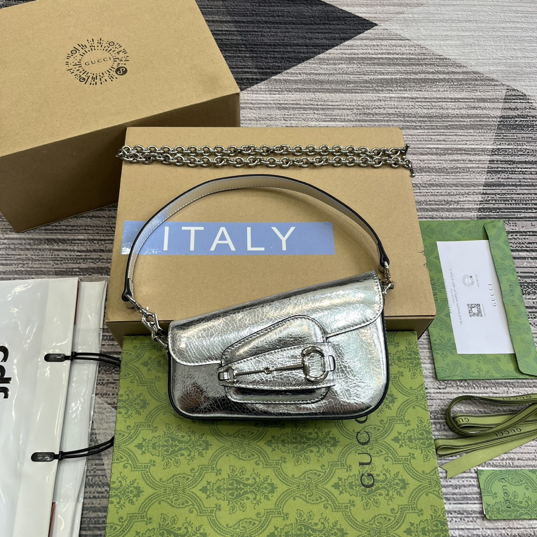 GUCCI HORSEBIT 1955 MINI SHOULDER BAG SILVER 7.7"W x 5-3.1"H x 2.4-1.2"D