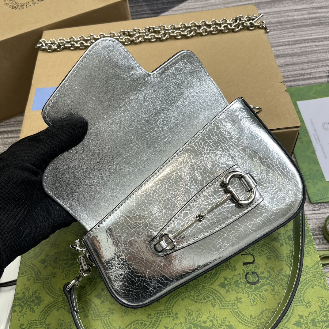 GUCCI HORSEBIT 1955 MINI SHOULDER BAG SILVER 7.7"W x 5-3.1"H x 2.4-1.2"D