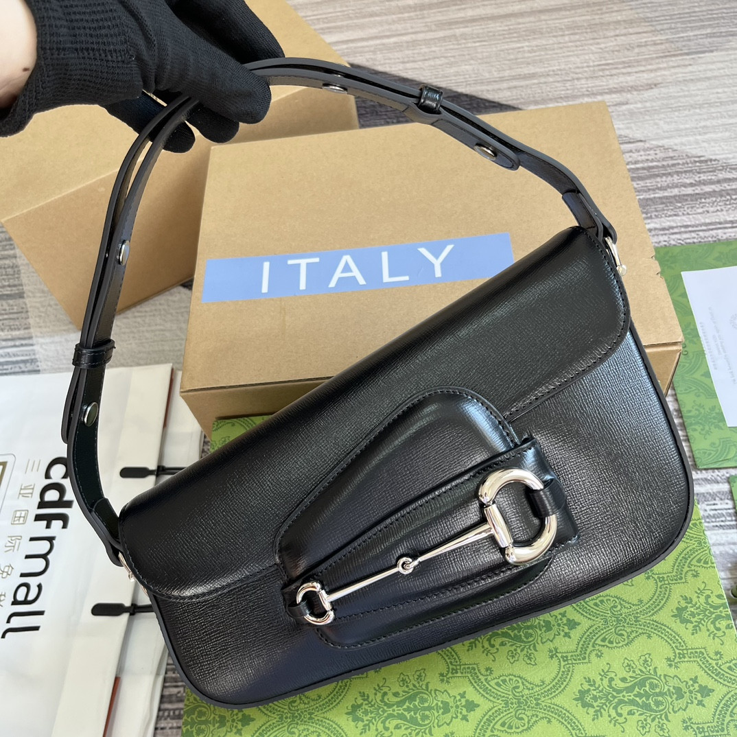 GUCCI HORSEBIT 1955 SMALL SHOULDER BAG Black 10.4"W x 6.7-4.1"H x 3.1-1.6"D