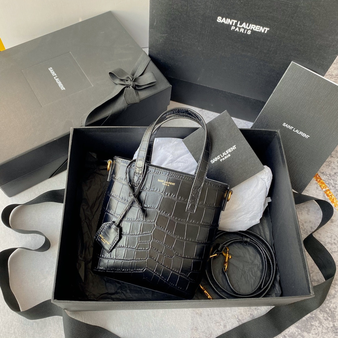 YSL SAINT LAURENT PARIS MINI TOY SHOPPING IN CROCODILE-EMBOSSED LEATHER BLACK 7.1 X 6.7 X 3.1 INCHES