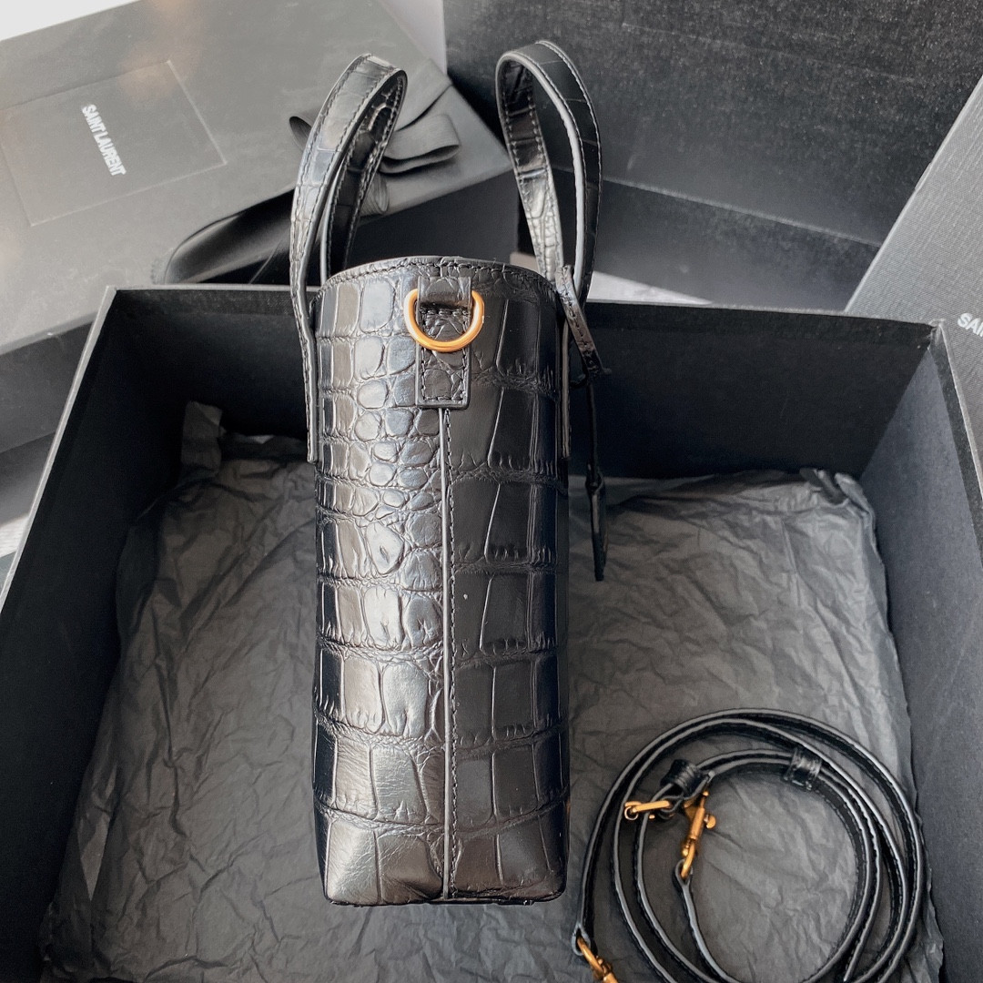 YSL SAINT LAURENT PARIS MINI TOY SHOPPING IN CROCODILE-EMBOSSED LEATHER BLACK 7.1 X 6.7 X 3.1 INCHES