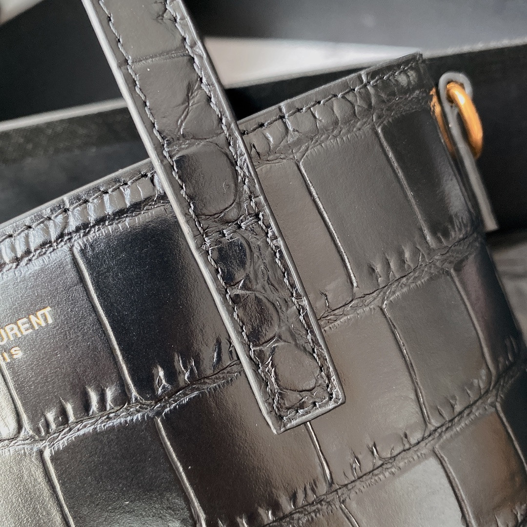 YSL SAINT LAURENT PARIS MINI TOY SHOPPING IN CROCODILE-EMBOSSED LEATHER BLACK 7.1 X 6.7 X 3.1 INCHES