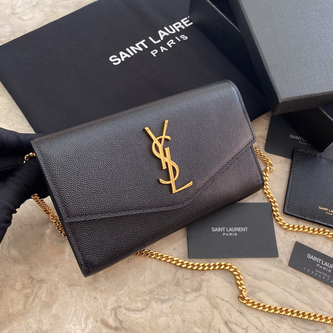 YSL UPTOWN CHAIN WALLET IN GRAIN DE POUDRE EMBOSSED LEATHER BLACK 7.5 X 4.7 X 1.2 INCHES