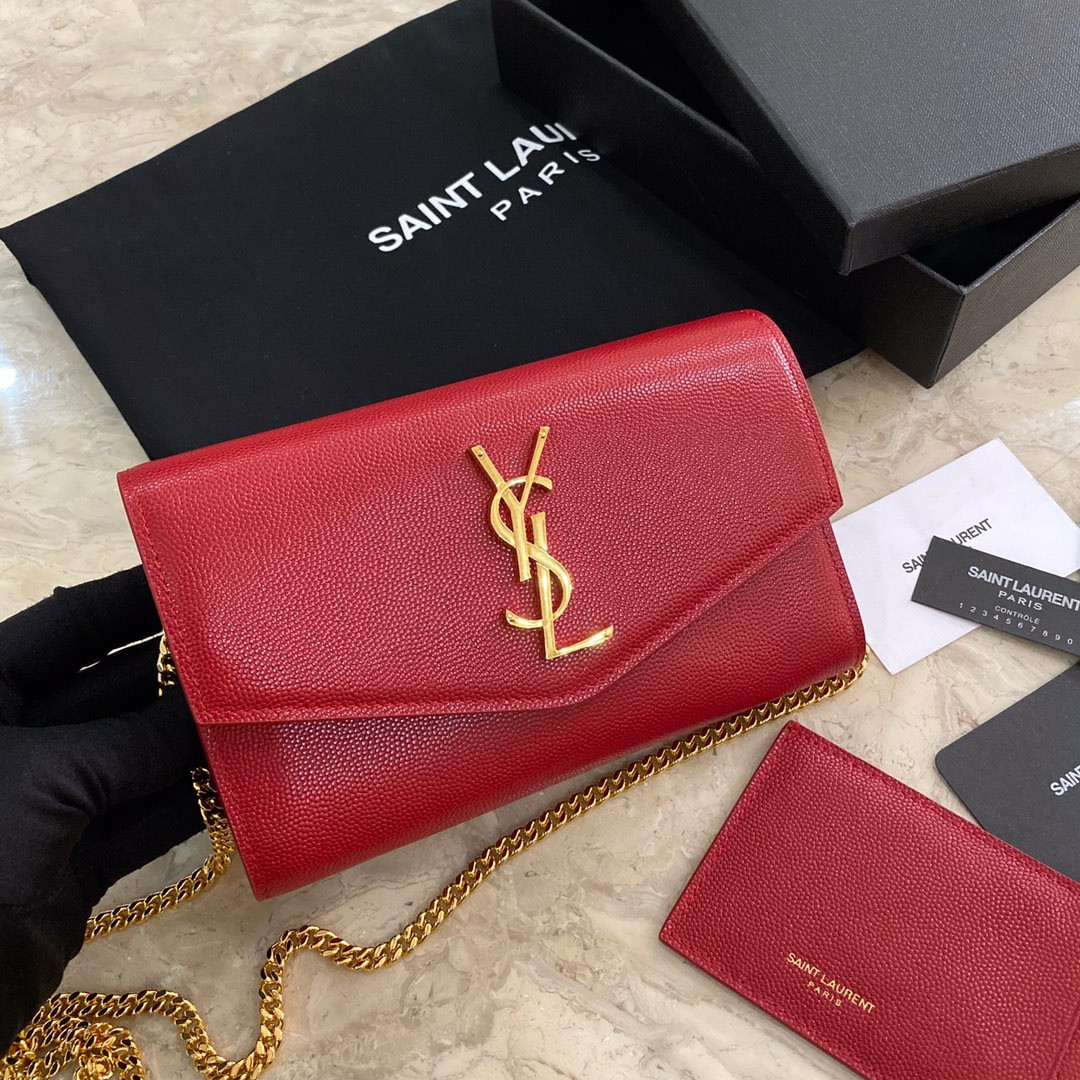 YSL UPTOWN CHAIN WALLET IN GRAIN DE POUDRE EMBOSSED LEATHER RED 7.5 X 4.7 X 1.2 INCHES