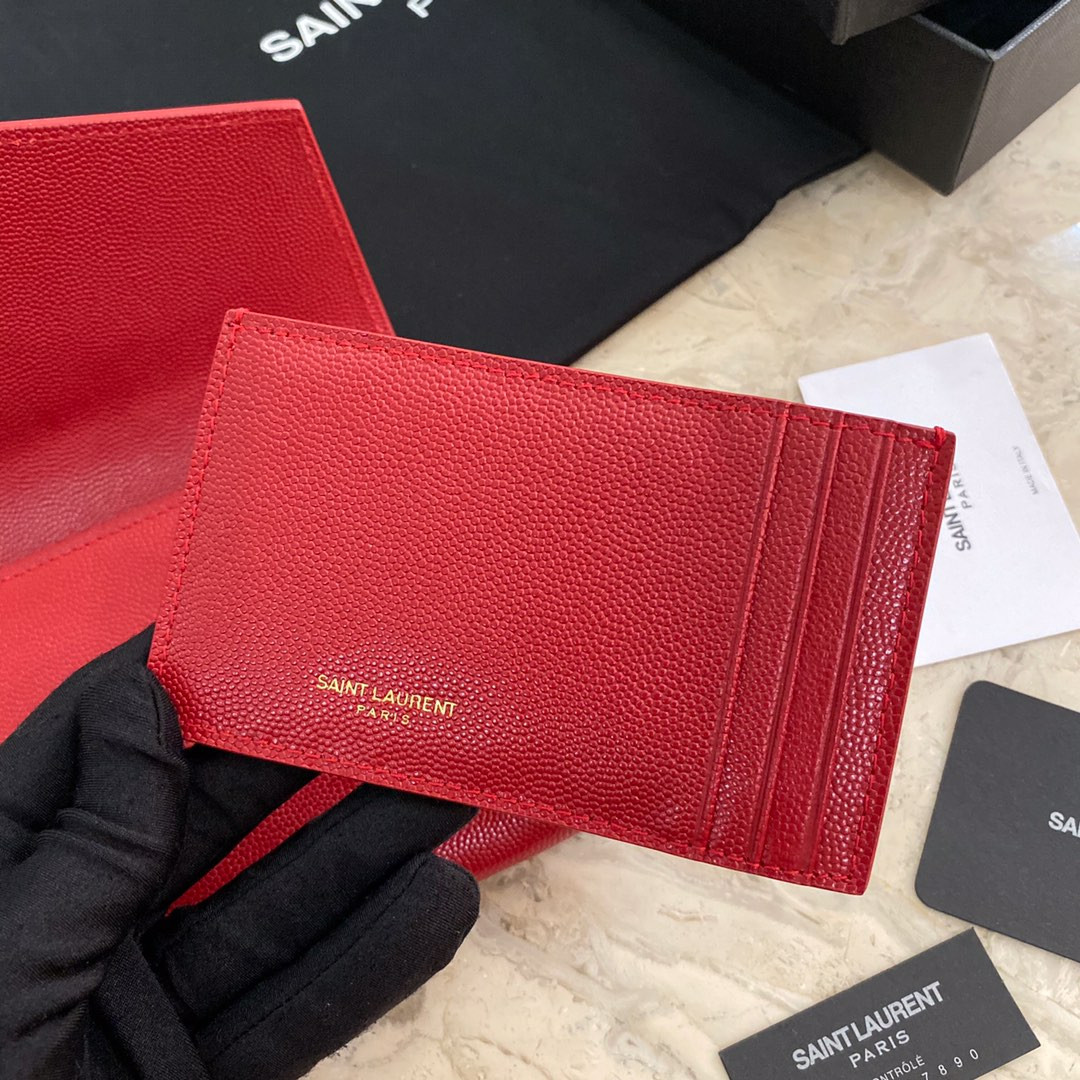 YSL UPTOWN CHAIN WALLET IN GRAIN DE POUDRE EMBOSSED LEATHER RED 7.5 X 4.7 X 1.2 INCHES