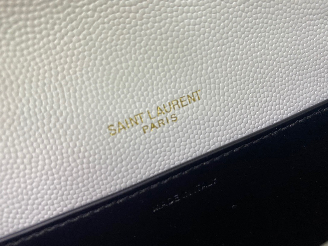 YSL UPTOWN CHAIN WALLET IN GRAIN DE POUDRE EMBOSSED LEATHER BLANC VINTAGE 7.5 X 4.7 X 1.2 INCHES